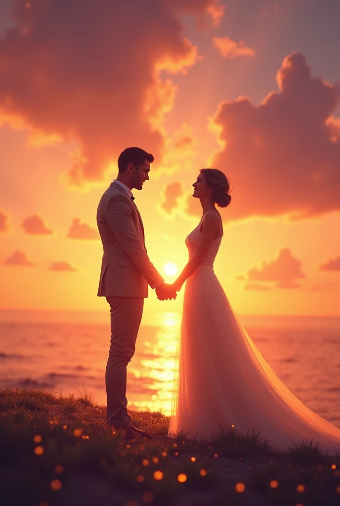 A newlywed couple with a background that evokes unity, happiness and spirituality in a sunset