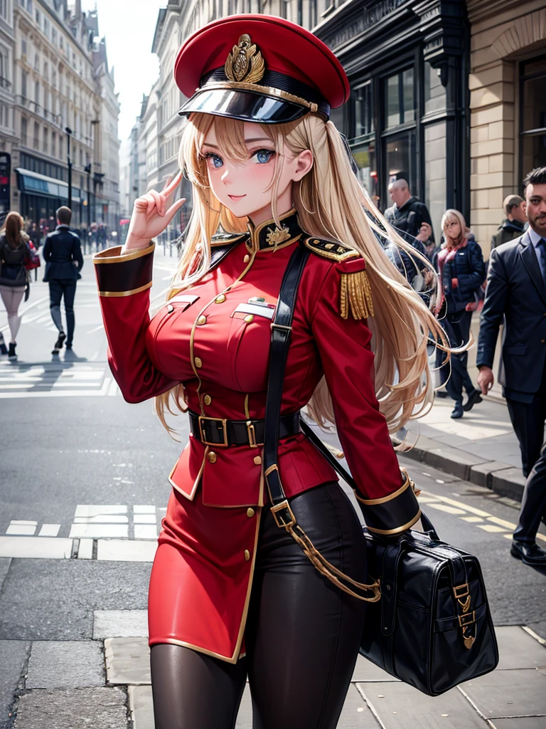 beautiful woman, posing on a street in London, with military uniform 