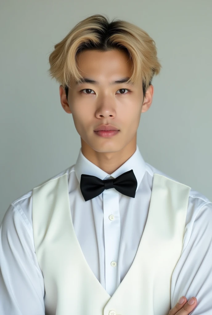 Professional studio photography of a young Asian man with blond hair wearing a vest with a white shirt underneath, white shirt and white vest with a black bow.