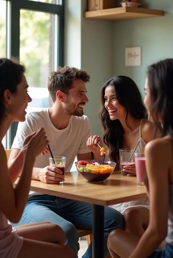 Man and realistic girlfriend , At the acai shop ,black hair eating acai , with friends Ultra HD, high qualiy, best qualityer, high resolution, 8k, 16K