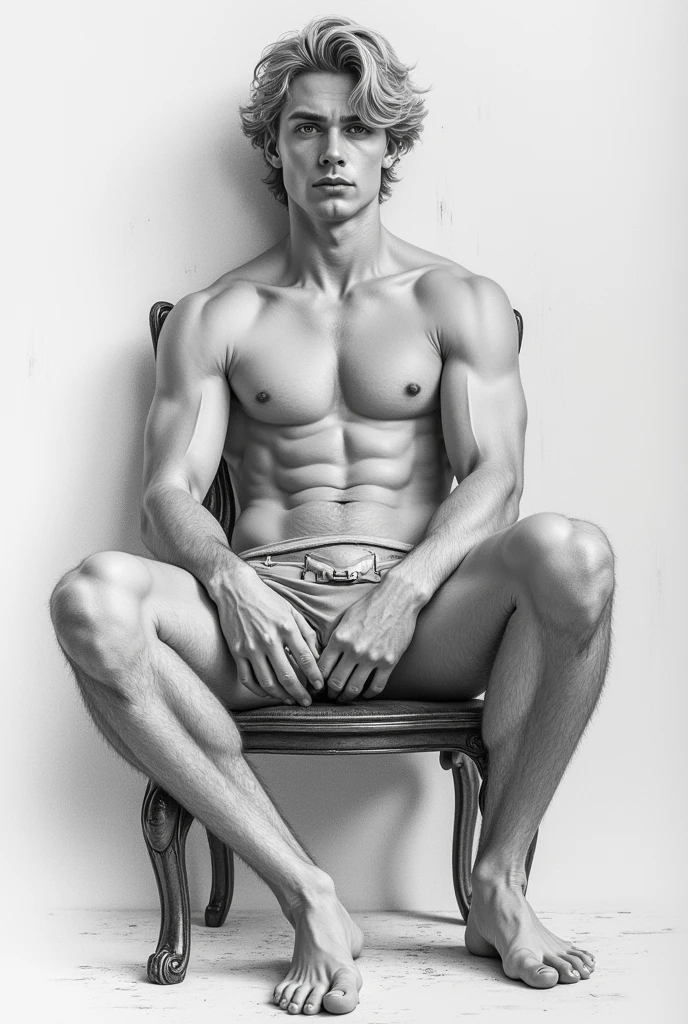Rembrandt+Baroque+drawing_black and white pencil , varios drawings de cuerpo entero, de un joven del siglo 15 rubio nordico cuerpo tonificado fuerte piel blanca shirtless, barefoot, blonde hair blue eyes no beard, gentle look, shirtless, sitting on a small seat with legs open, revealing a small part of his penis, stare, Seductive, passion focus on the body and facial expression of desire for passion
