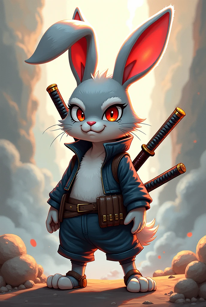 A rabbit, with a mixed style of kakashi with deadpool, cartoon-like, with two swords on his back