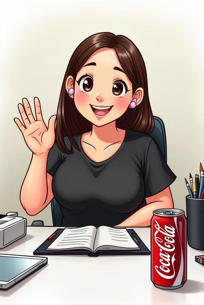 I want you to create a drawing where you take a secretary from the front who is sitting at her white desk with a black notebook, a white printer on the side, paper pads on the desk, a Coca-Cola Zero in a red can with black writing on it, Coca-Cola Zero. This secretary is sitting. Okay, she&#39;s a little fat, with a round face, very long brown hair below her waist. She&#39;s wearing light pink hearing aids and she appears to be very friendly and waving. She&#39;s wearing a black t-shirt that&#39;s not very tight. Her eyes are dark brown, a little closed, a little small. Make her less fat with longer hair. More hair. I need this image to be wider, as if it were further away from her. The black notebook in front of her. It&#39;s supposed to be a drawing. It&#39;s supposed to be a drawing. It&#39;s not supposed to be a 3D illustration. It&#39;s a drawing, right. Long brown straight hair.
