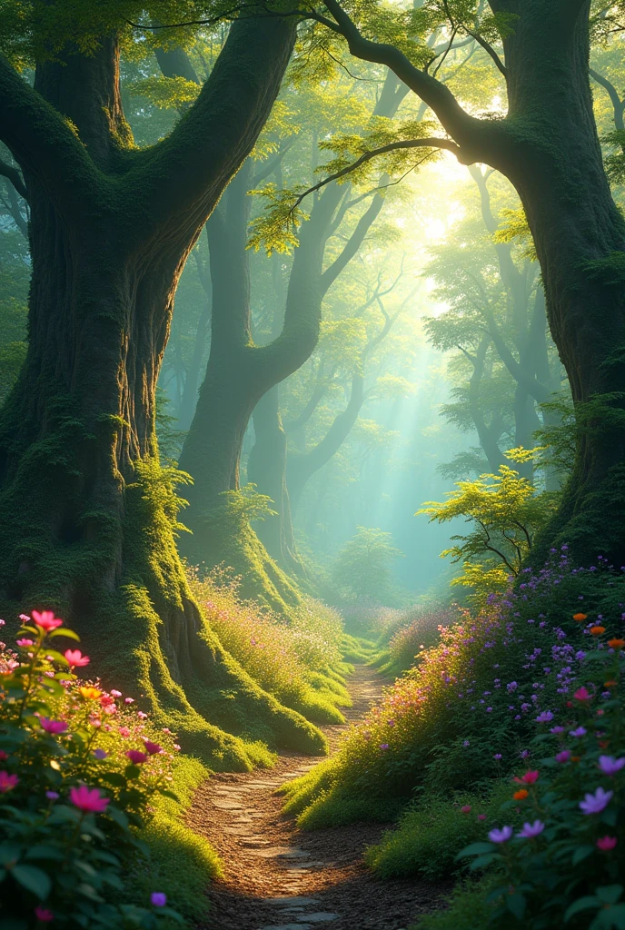 a magical forest The trees were tall like giants, The flowers shone like stars, colores de fantasy, small lights shining, green trees, magic leaves, bright colors, colorful flowers, Best Quality, high quality, extra detailed, cinematic lighting, ,, fantasy, magic, sun shining high, clear view of the forest, view in the distance
