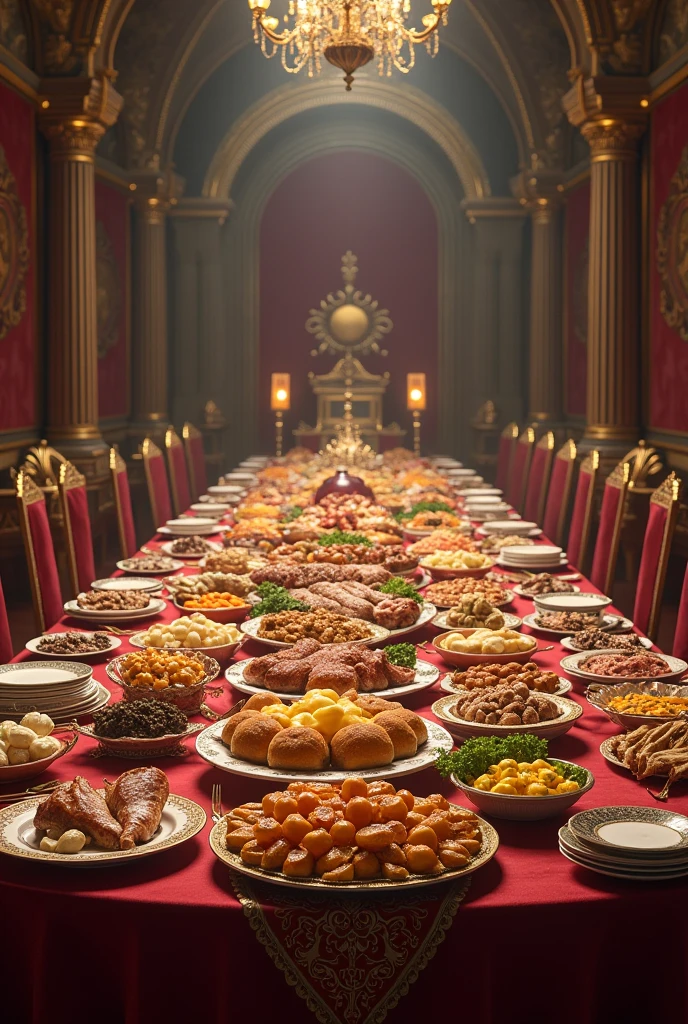 A royal banquet full of food in a castle with no people in the picture