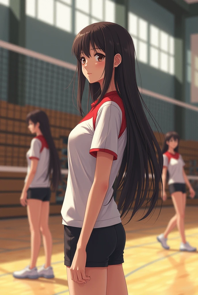 Japanese long-haired high school girl in oil painting style。
Volleyball club practicing in the gym。
The uniform is white and red with short sleeves on top.、The bottom is black, it looks like a photograph。