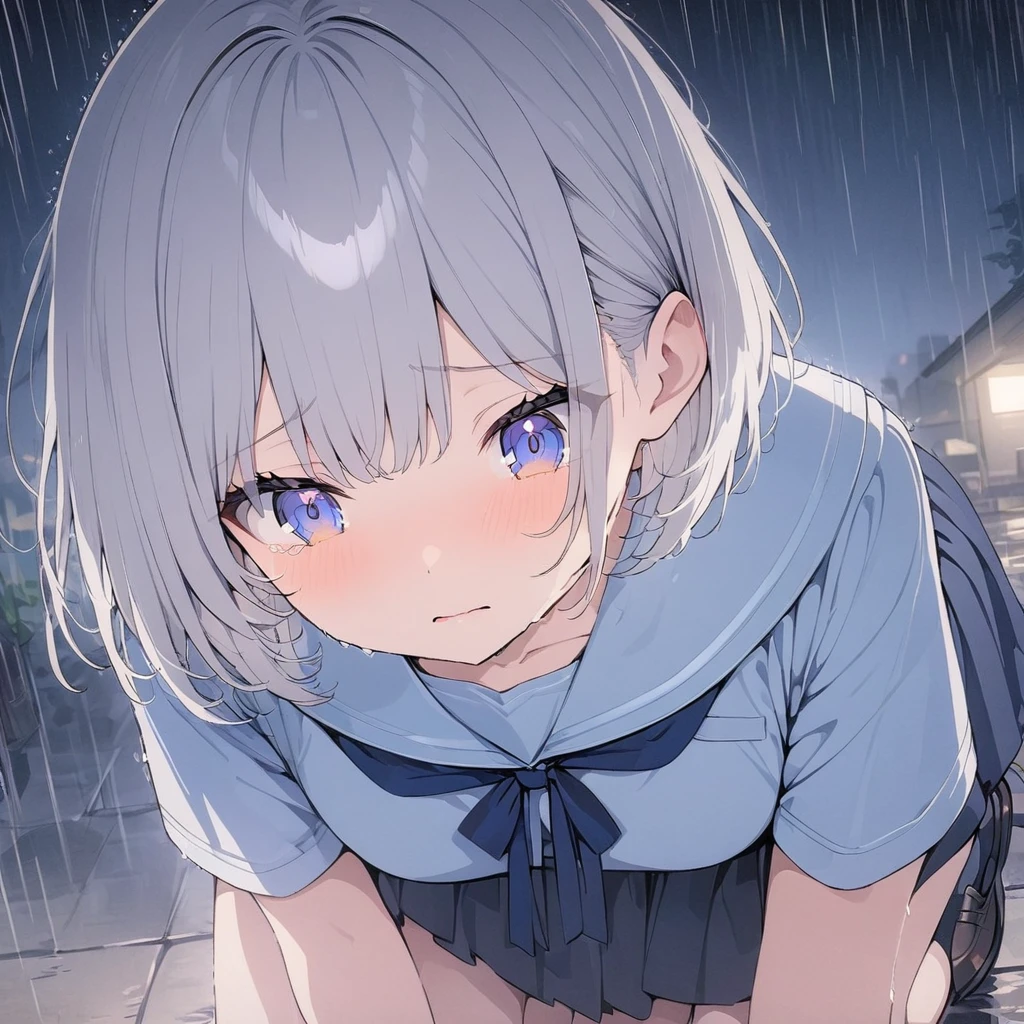(((anime))) One woman,Woman is looking down,(Silver Hair),Short Hair,Short Bob,Navy blue ribbon (blue eyes),cry,Teary eyes, light blue sailor suit,Navy blue collar,Navy blue lines, black socks,Down to the knees,Black loafers in the rain,night,star masterpiece,Highest quality,Exquisite,8k,Absurd,Ultra-fine illustrations,(View your viewers)
