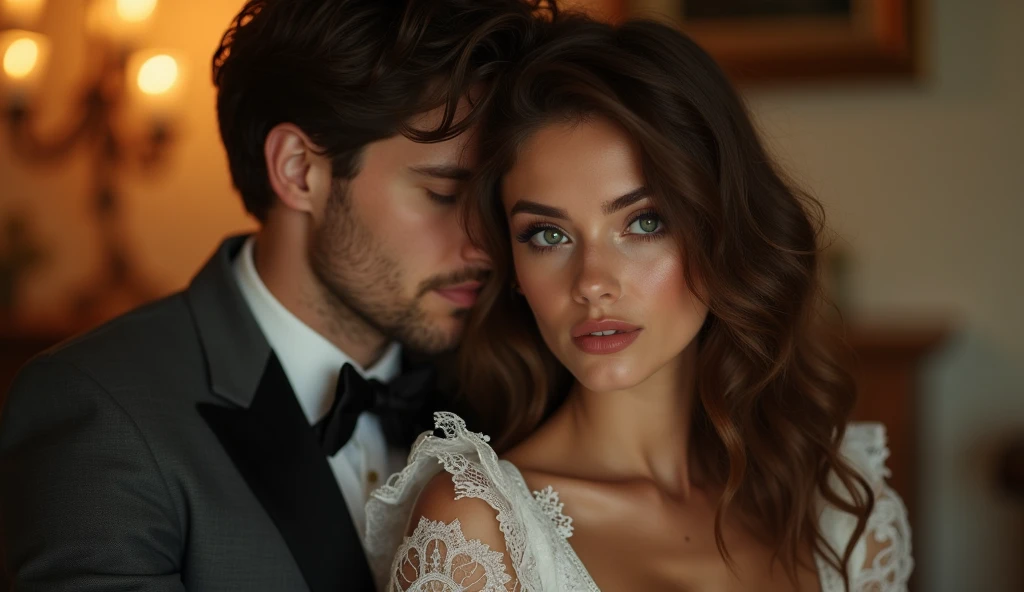 Lily Yermak, the charming Russian Instagram model, is portrayed in exquisite detail as she holds her beloved boyfriend, James Bond, in a charming scene. The image is captured in high resolution, showcasing Lily's mesmerizing beauty and intricate features. She is 26 years old, with an innocent face, far away, Wavy brown hair, and captivating blue eyes. James Bond, looking elegant in a formal suit, complements it perfectly. They create a delicious contrast, with Lily wearing a maid dress that gives a playful touch to the image, while James wears a normal shirt and pants. The scene is masterfully framed, with the soft
