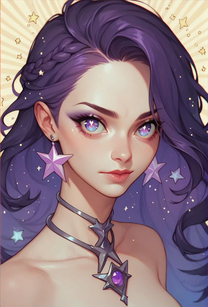A queen with dark purple hair and stars for pupils