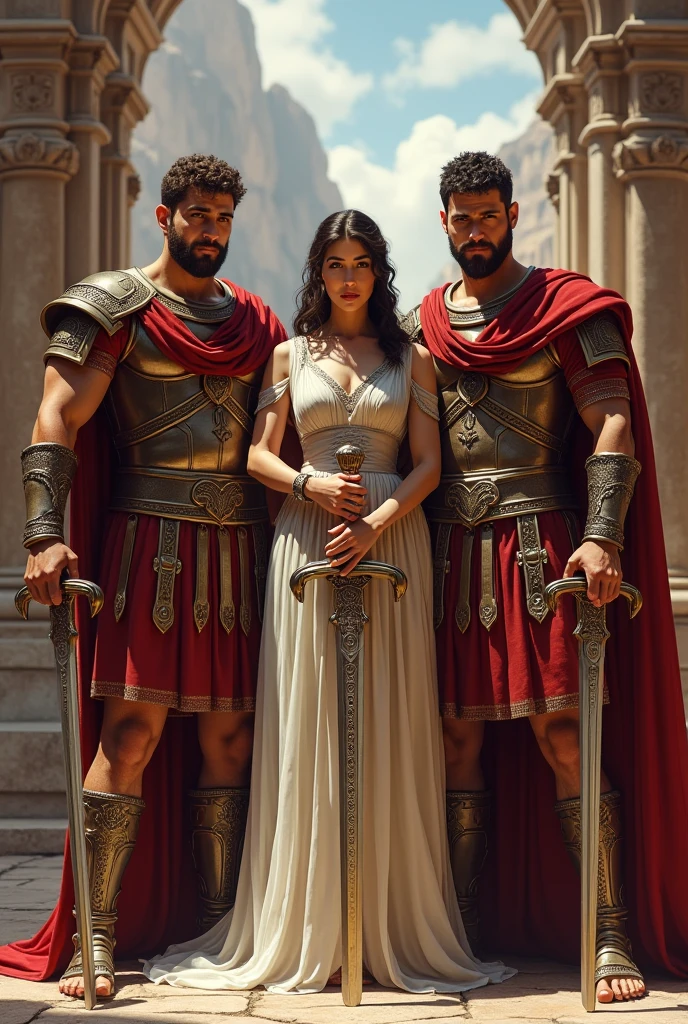 Three man next to a woman, heros of ancient rome empire with swords
