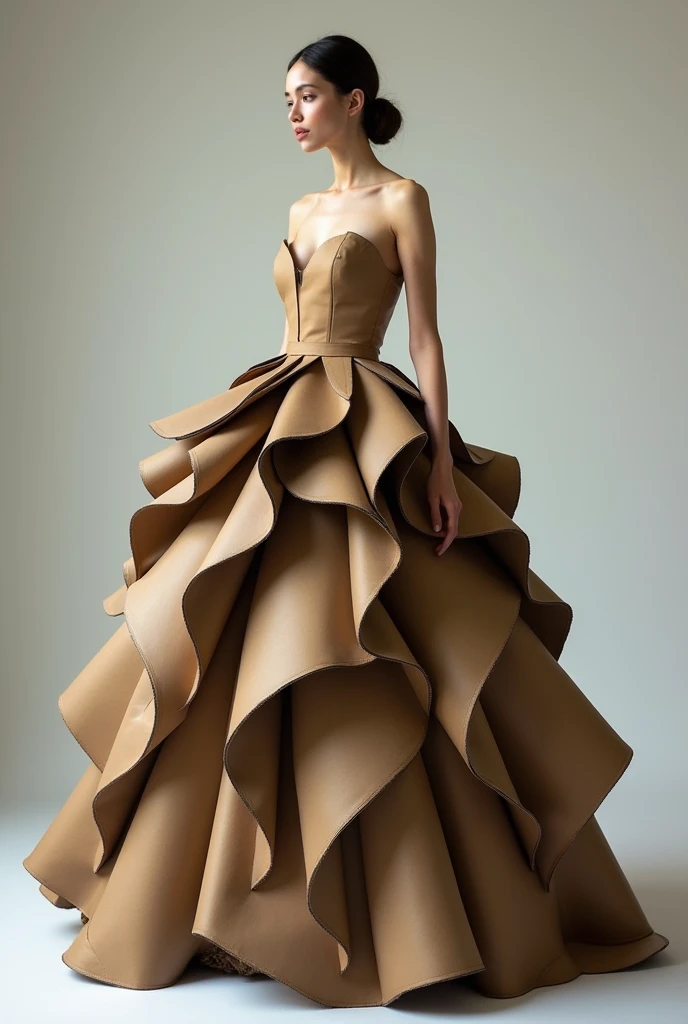 A girl wearing a ball gown, a long dress with a cut at the shoulders and a low neckline, exposed arms and long, puffy skirts, made of cardboard in different colors, such as brown and dark brownish.