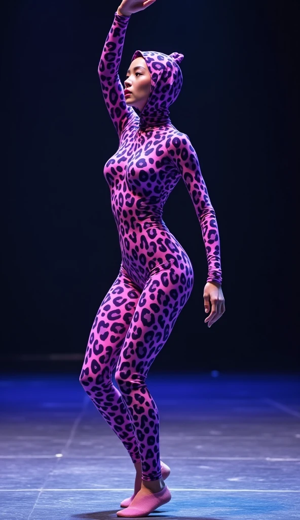 The beautiful Chinese flexible adult girl wearing a black glasses with beautiful cheeks wears floral print full lycra dancewear turtleneck unitard catsuit.She always wears floral print lycra elastane dancewear hijab-like zentai hood.She is happy to perform contortion performance.