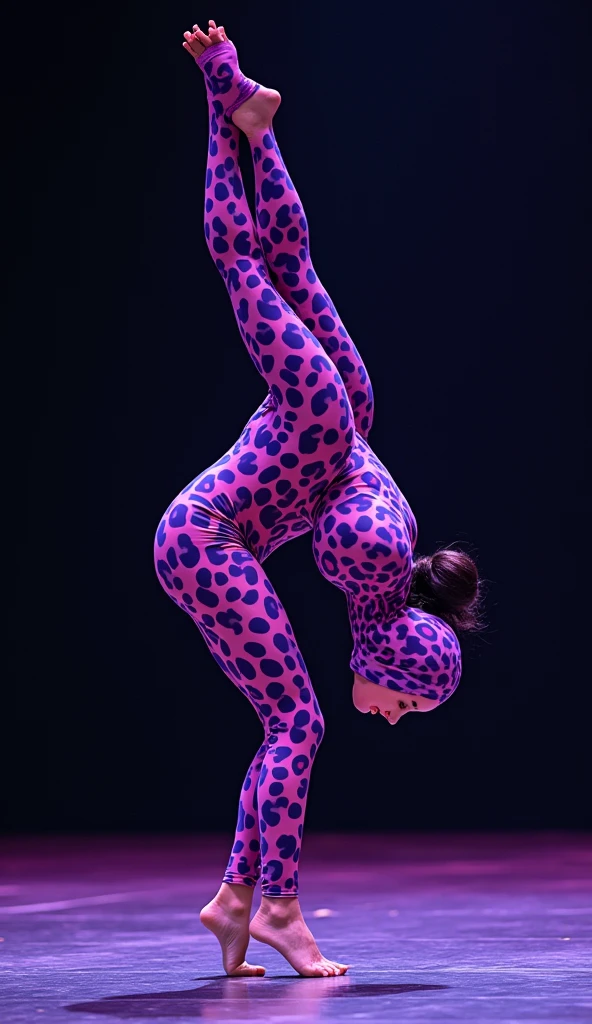 The beautiful and thinest chinese adult woman with glasses purple and pink leopard print lycra elasticity turtleneck unitard catsuit.She always wear hijab-like zentai costume hood made of lycra elasticity.She performs contortion when she is my contortionist.She took part for Mongolian Modern Angels Circus performance(snake convention 90 contortion)