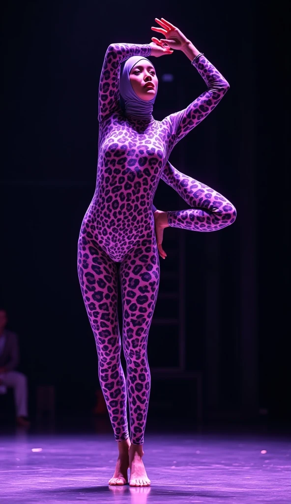 The beautiful taiwan contortion adult girl contortionist with beautiful cheeks wears zebra print full lycra dancewear turtleneck unitard catsuit.She always wear zebra print lycra full hood like a full hijab.