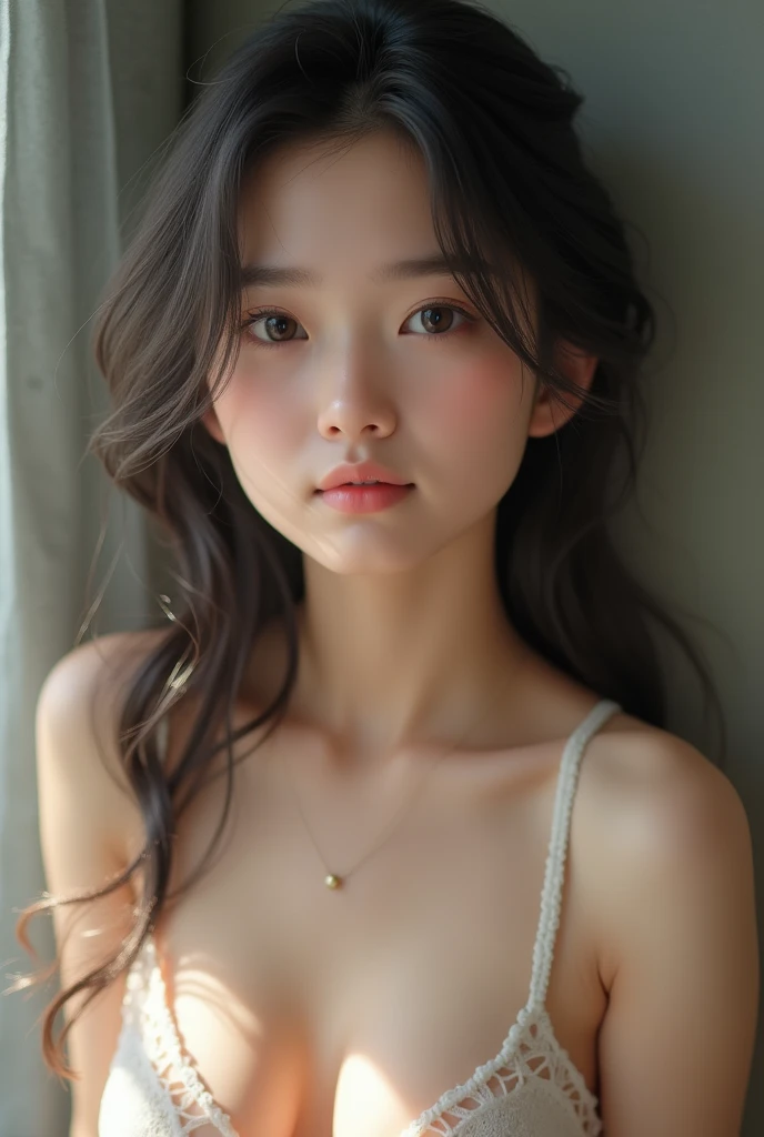 straight hair, (1women with flat chest, small breasts:1.3), 18yo, cute face idol, Cheerful, gentle, soothing, beautiful girl with beautiful details, (small and sexy lips:1.3), extremely detailed eye and face, glossy lips, (See-through lace costume with cute details and wide open breasts), Bare shoulders, (Bare chest, areola:1.35), Realistic, extremely detailed CG unified 8k wallpaper, ighly detailed, High-definition raw color photos, professional photograpy, Realistic portrait, Cinematic Light, Beautiful detailed, Blushing, Ashamed, (Realistic skin:1.2), (Best Quality:1.4), Super Detail, High quality, Indoor, depth of fields, 