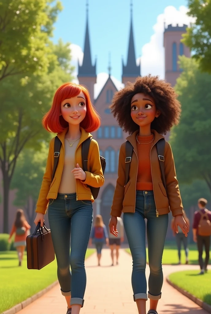 Disney Pixar movie image of a redheaded woman with straight hair and a woman with curly hair arriving at university