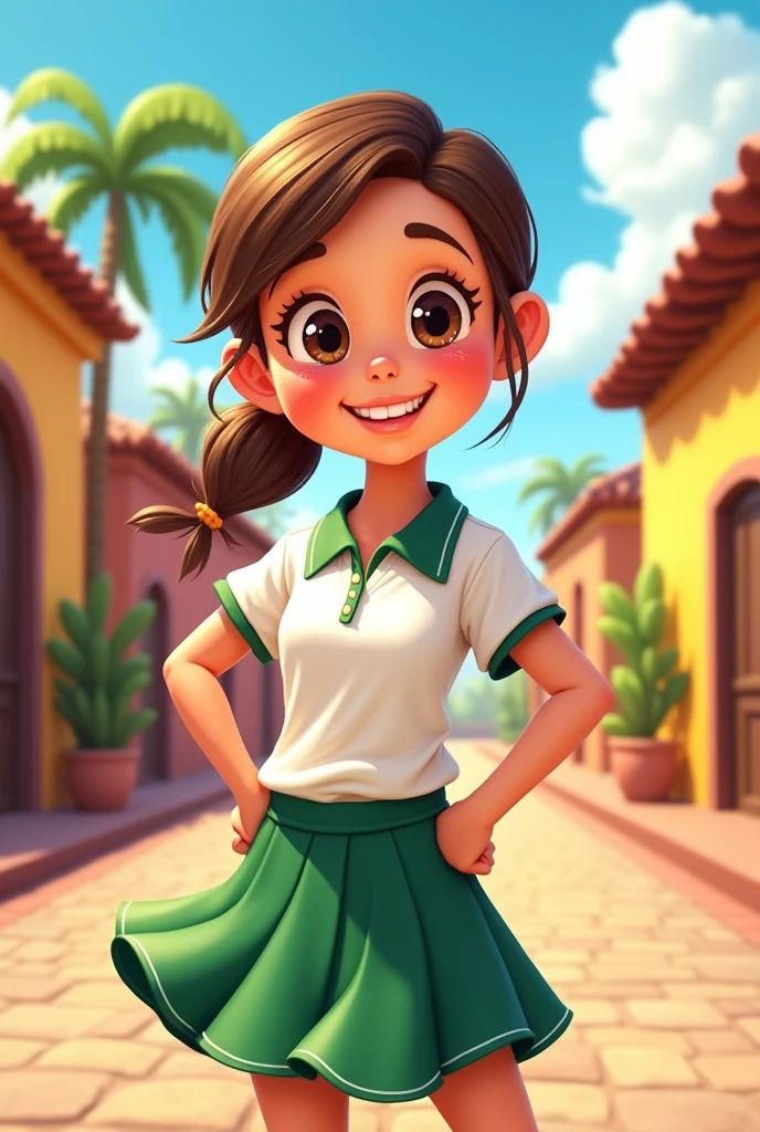 Cartoon girl in Mexico sports uniform white polo shirt and green skirt 