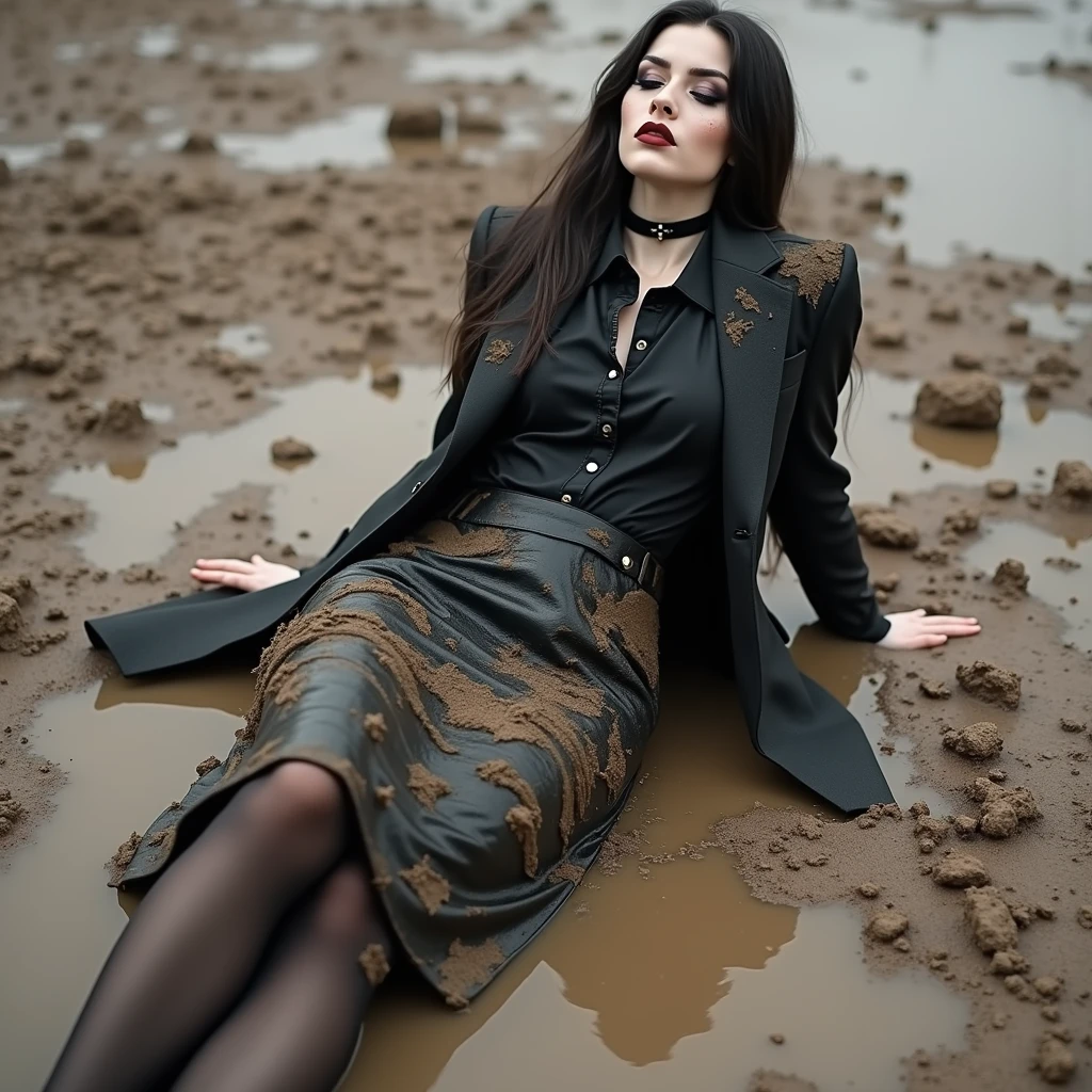 A super realistic photo of one business goth lady, exuding a slender, model-like appearance with long hair. She is dressed in a long and black and torn and ripped business pencil skirt made from cotton and wool fabric, black and muddy and torn business jacket made from cotton and wool fabric. black business vest, white muddy shirt, torn stockings, black choker on the neck. She located in very muddy and very flooded field. She sitting on her backs in flirtatious and vulgar pose deep in the water and liquid mud, dips her head in the liquid mud and very tears her clothes and gets stuck in mud, but fully clothed in business skirt suit, she smear a lot of liquid mud on own clothes and torn it by hand. The chunks of her tired clothes is lie on the mud water crumpled and muddy. All her clothes is dirty, torn, ripped and sloppy, her skirt and jacket are very stained in a liquid mud and dirt. She look like have played in mud in a large swamp with brown liquid mud, her clothes covered with liquid mud from head to toe. The studio light brilliantly illuminates all her clothes in details, casting small shadows and emphasizing the texture of the mud on her clothes. Please focus on stains of liquid mud on her clothes. View angle of the camera from top and from backs of the business lady and rotated left.,