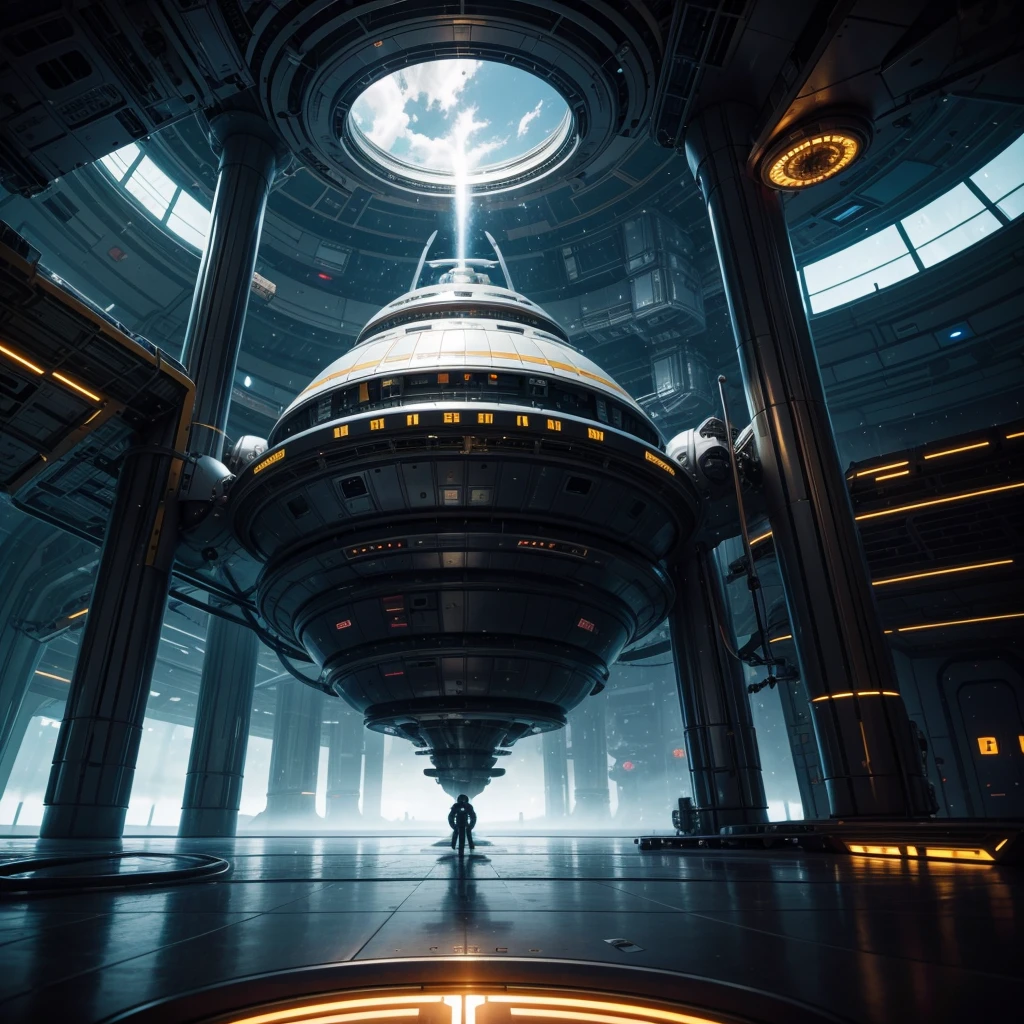 Futuristic scientific space station. close to the sun