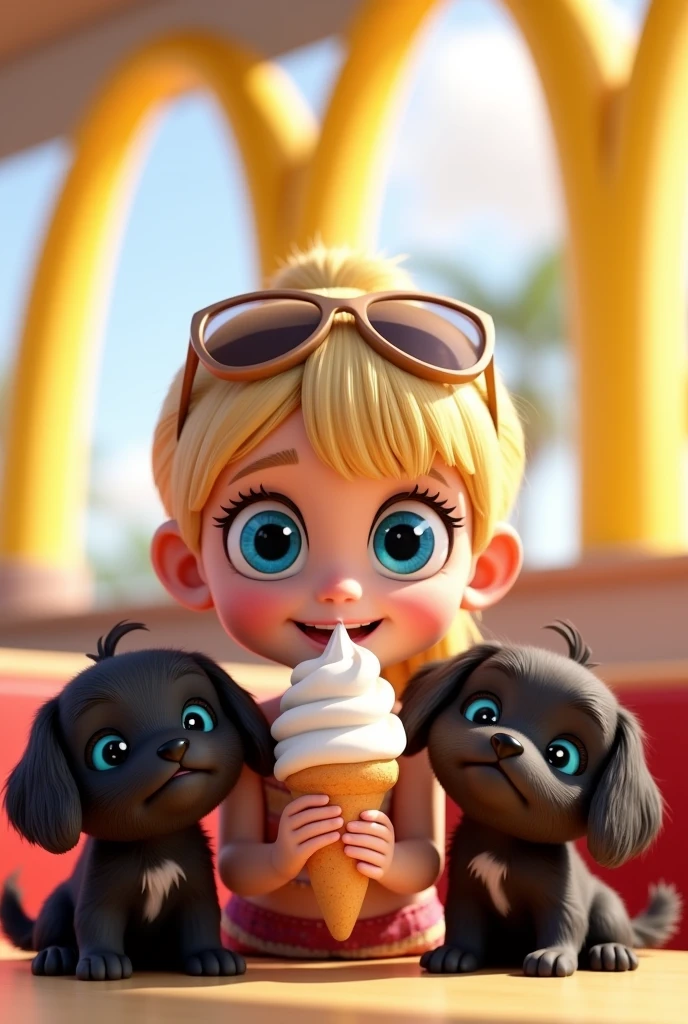 Cute blonde girl bright blue eyes 2 black shih tzu puppies bright blue eyes
eating ice cream at McDonald's wearing sunglasses 3D Pixar