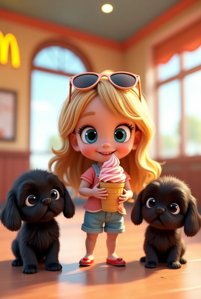 Cute blonde girl bright blue eyes  2 black shih tzu puppies bright blue eyes
eating ice cream at McDonald's wearing sunglasses 3D Pixar