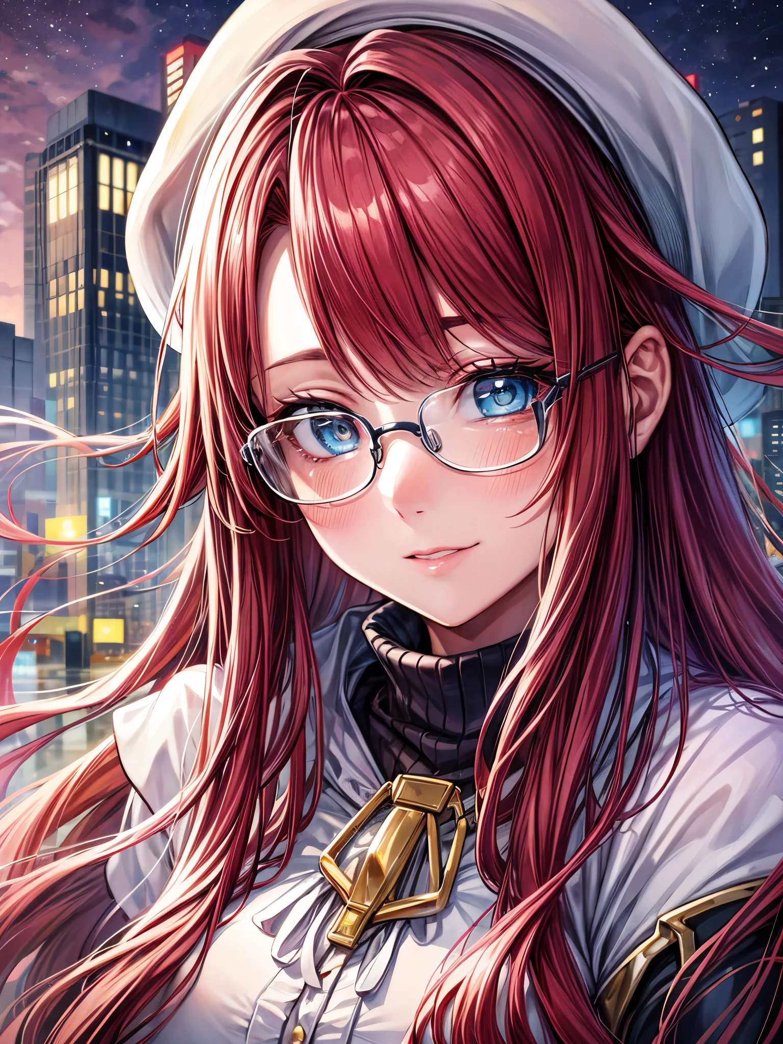 summonnightaty, aty, (young:1.3),long hair, blue eyes, red hair, big_tits, hat, glasses, BREAK long hair,, hat, dress,glasses, cape, sweater, beret,ribbed sweater,,solo, BREAK outdoors, fantasy, BREAK (masterpiece:1.2), best quality, high resolution, unity 8k wallpaper, (illustration:0.8), (beautiful detailed eyes:1.6), extremely detailed face, perfect lighting, extremely detailed CG, perfect anatomy),covered_nipples,half_eyes,sleepy_eyes,red_sweater,magical_effect,,Smile,closed_mouth,solo,in_modern_town_landscape,night_sky,solo,portrait,bust up,looking_viewer,shiny_lips,blush