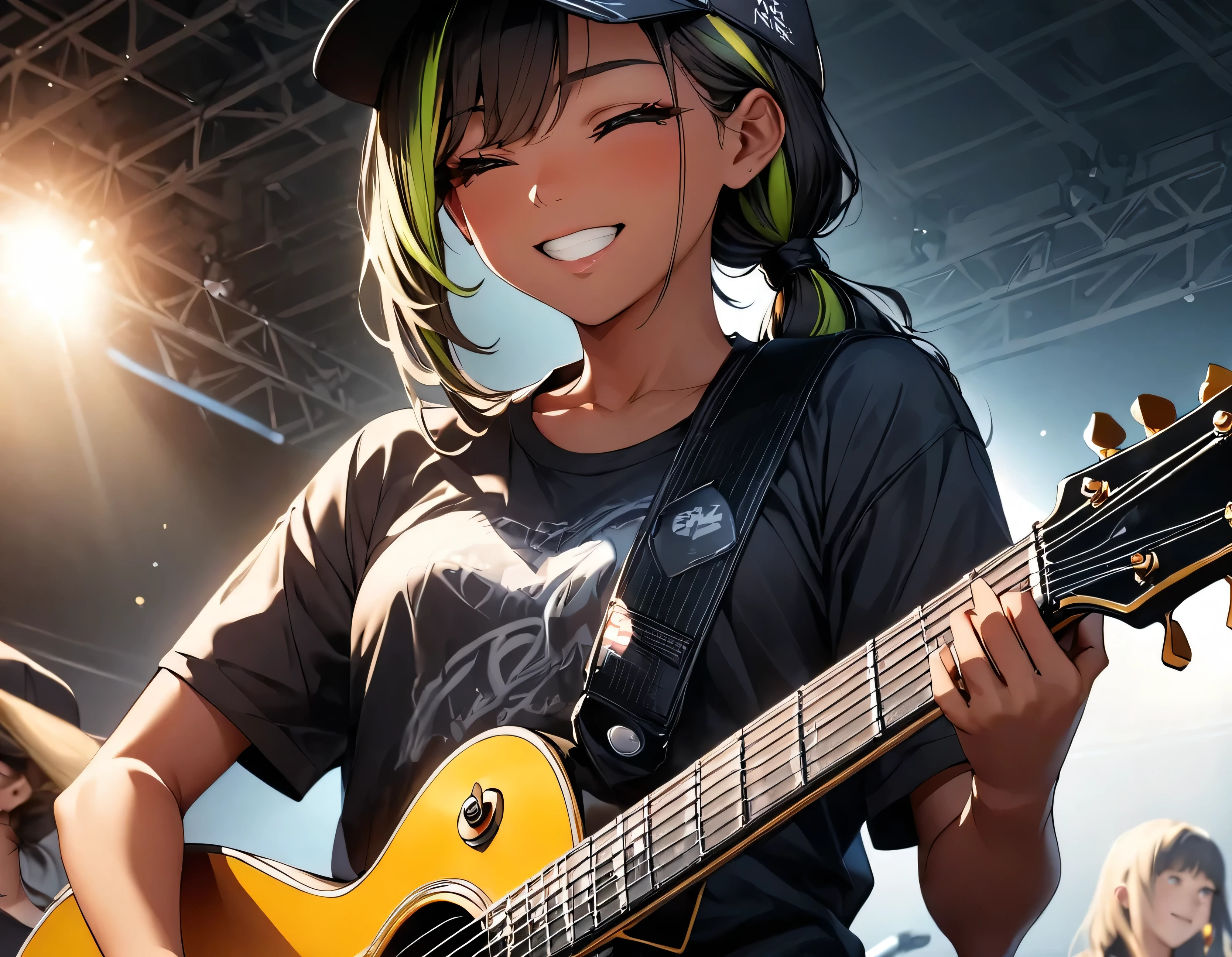 (highest quality:1.2, Very detailed, up to date, Vibrant, Ultra-high resolution, High Contrast, masterpiece:1.2, highest quality, Best aesthetics), Portraiture、girl、((25 years old:1.5)), (slim:1.2), 25-years-old, (black trucker cap:1.3), (black t-shirt), jeans, Bright colors、Beautiful fine details、Beautiful lip detail、long hair, (low ponytail:1.3), white and yellow green ((streaked hair:1.6)), highlights hair: 1.5, (small breast,:1) (tan skin:1.2),Playing guitar, Electric guiter、Gibson Les-Paul, smile, singing, Rehearsing for a concert:1, on stage, ((upper body:1.5)),