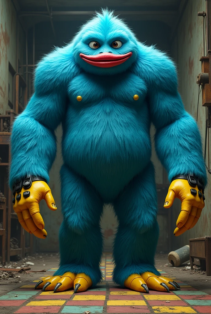 Dark fantasy Huggy Wuggy is a tall, slender creature covered in thick, bright blue fur. Its arms and legs are 10 feet long and end in large yellow hands and feet. His hands have large Velcro straps across the palms, and both his feet have four digits, including the indices, although they are just dots and are unable to move individually (with the exception of the indices). Its torso is stout and disproportionately small compared to its long limbs. Its head is large and contains two large, dilated black eyes. On her face are red, large, cartoonish lips. In a factory abandoned with colorful checkered floor
