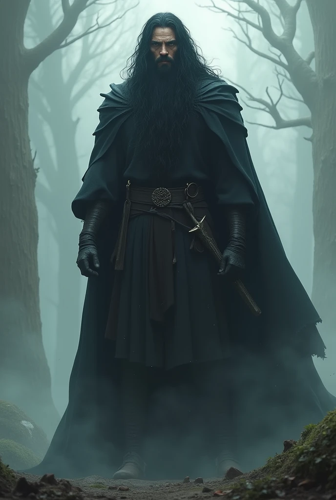 2 meter tall medieval druid, Scrawny. big black hair no beard.  wearing a large black cape, with two short swords, shrouded in a light mist. 
