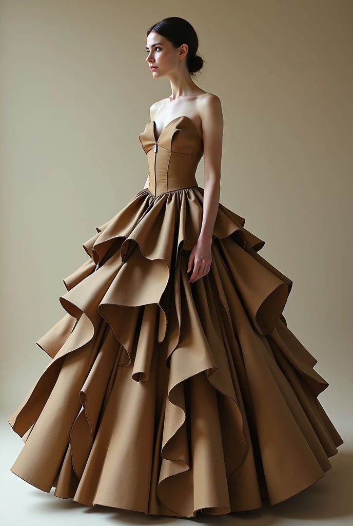 A girl wearing a ball gown, a long dress with a cut at the shoulders and a low neckline, exposed arms and long, puffy skirts, made of cardboard in different colors, such as brown and dark brownish.