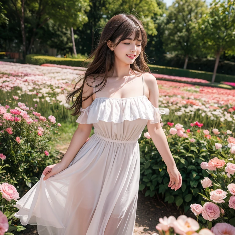 long skirt,in the flower field,Wear a thick gauze skirt dress,rotate,Close eyes,1 female, On the face, laughing out loud, light brown hair, blunt bangs, hair behind ears, Shoulder-length hair, long hair, Slender body type, 超face slimming型, face slimming, delicate lips, beautiful eyes, Thin blush, Eyes are light brown,View here, (actual:1.3), One person's perspective, 8k, Super detailed, high quality, best quality, High resolution, ,Large Breasts,H cup, 21 years old