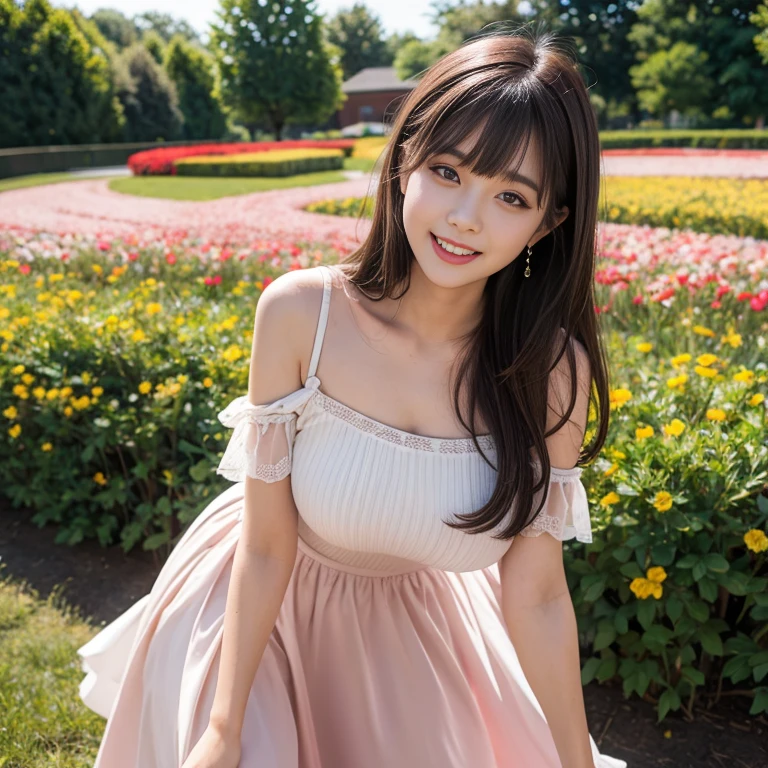 masterpiece, Highest quality,16K, Ultra-high resolution,The light and shadow of reality,Cinema Lenses,(Very skinny),(Very firm and beautifully shaped breasts),((Her skin is as white and beautiful as snow)),((Very slim and pure white beautiful thighs)),((Her waist is so slim and beautiful)),((She has outstanding style)),(Pure white beautiful skin),((Large, clear, beautiful eyes)),((Her face is very small and beautiful)),((Cute Japanese Girls)),((She is wearing a pink lace miniskirt dress.)),((A ponytail with a scrunchie)),((Sitting in a beautiful meadow)),(Sexy pose),(Beautiful Eyes:1.1),Reflecting clear eyes and a gentle smile,