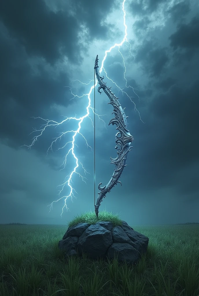 masterpiece、Highest quality、Very detailed、Ultra-high resolution、grassland、thunderstorm、Bow stuck in rock、The shining silver aura of the storm