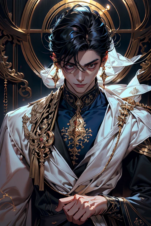 lamplight, Handsome men, golden eyes, (Focus eyes, The eyes are bright), Medium long black hair, pale-skinned, ear piercings, medium skin, dark blue coat, Meticulous suit, gold accessories on clothes, dark blue ties (perfect anatomia:1.2), Highqualityshadow, natural  lightting, (White highlights:1.2),overcast day, (starrysky), (shining)