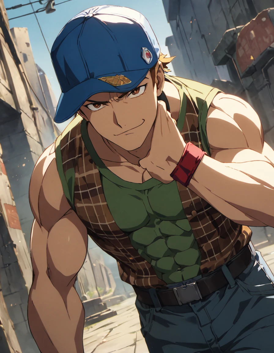 1man, naughty heroic guy in fighting game, middle muscular, very short hair, solid chinpira, tough yarichin, blond, brown eyes, crewcut, BREAK sharp eyes, masculine caucasian, abs, >:>, smug, thick abs, cool emotion, BREAK backwards hat, open shirt, cropped shirt, red collared shirt, sleeveless shirt, brown plaid shirt, blue baseball cap, jeans, red wristbands, beckoning, arm up, BREAK solo, upperlegs, dynamic expression, game keyvisual, 1990s, in capcom art style, in nitroplus style, BREAK depth of field, dutch angle, cinematic shadows, cinematic lighting, lens flare, light leaks, texture, absurdres absolutely resolution, extreme all detailed, greatest painting, BREAK masterpiece, best quality, BREAK score_9, score_8_up, score_7_up, source_anime, rating_safe, score_6_up, score_5_up, score_4_up