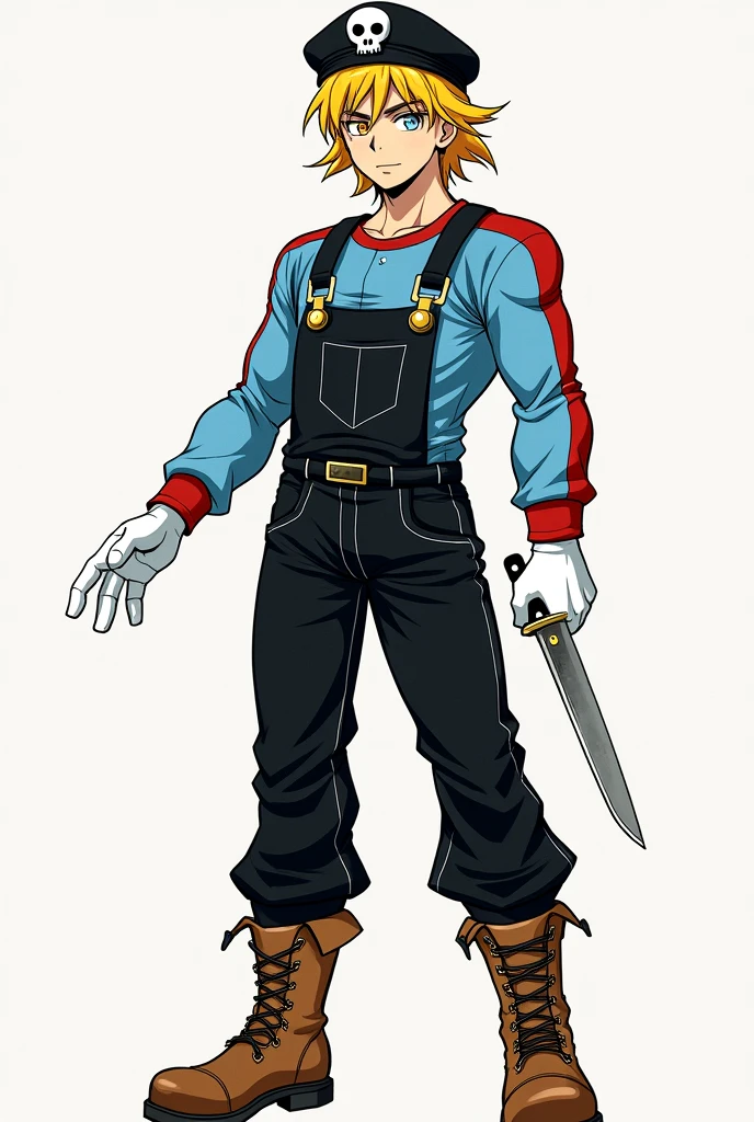 (Manga Type Drawing) Man with dark powers Wearing black overalls, a sky blue long-sleeved shirt with red stripes, white gloves, brown boots, yellow and gold hair, a beret with a skull in the center, holding a knife with his right hand and extending his left hand,left eye orange and right eye white,perfect,