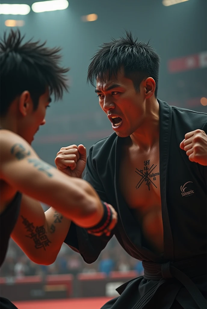 An MMA fighter in the midst of a battle inside the Octagon cage. He's in a dynamic fighting stance, muscles tensed, eyes focused on his opponent. The background shows the cage, referee, and a blurred crowd. The scene should be as realistic as a high-resolution photograph, capturing the intensity, sweat, and determination of a live MMA match. <lora:gan2_video:0.75>,ganjo