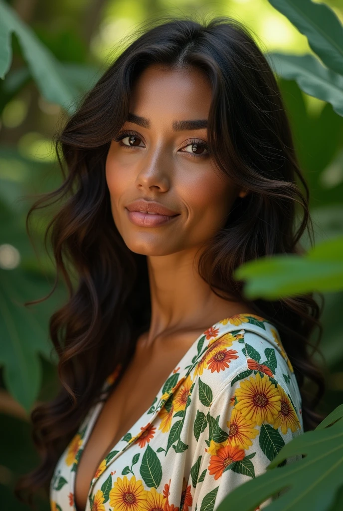 A Brazilian woman in a lush tropical garden, wearing an open shirt with a floral print, with a close-up capturing the harmonious beauty between her breasts and the natural flowers, showing off your natural charm and outgoing personality.