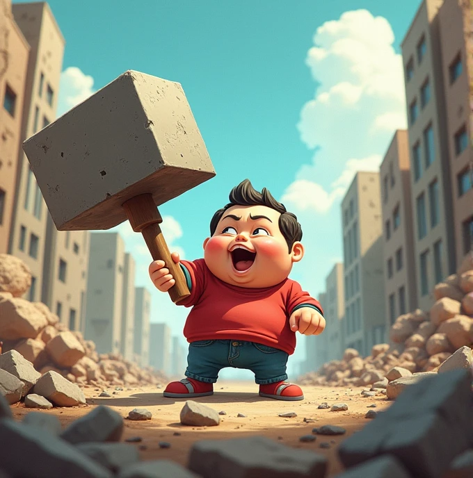 Little, Cute guy walking around with a hammer the size of a skyscraper, Laughing happily, The city was reduced to rubble, Funny deformed manga art,Sad face,
Angry expression,Each pattern of joy, anger, sadness, and happiness,