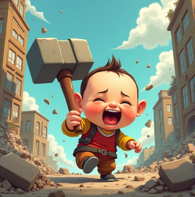 Little, Cute guy walking around with a hammer the size of a skyscraper, Laughing happily, The city was reduced to rubble, Funny deformed manga art,Sad face,
Angry expression,Each pattern of joy, anger, sadness, and happiness,