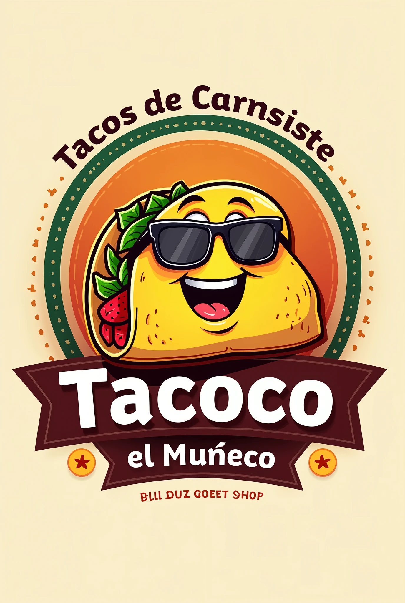 Create a logo for a company that says tacos de canasta el muñeco and put a taco with glasses in the center