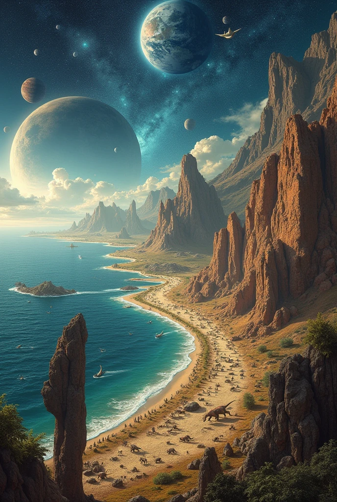 timeline with the beginning of the universe, dinosaurs, humans. tectonic plate movements and humans migrating to America