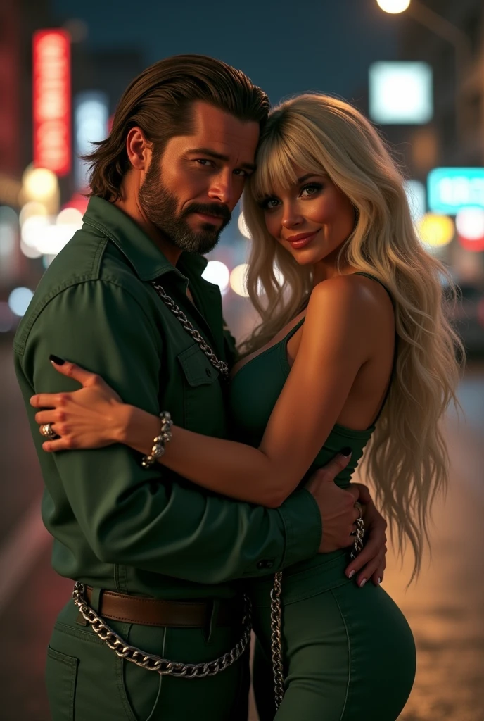 latin image realistic style couple full body long blonde hair with bangs , cara kylie jenner , brad pitt man face , bearded man , short black hair man , hugging each other ,smiling , aretas , decorated nails , cell phone in one hand , green jumpsuit , chains , on a street at night