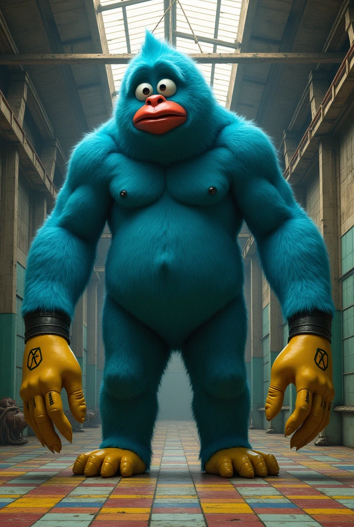 Dark fantasy Huggy Wuggy is a tall, slender creature covered in thick, bright blue fur. Its arms and legs are 10 feet long and end in large yellow hands and feet. His hands have large Velcro straps across the palms, and both his feet have four digits, including the indices, although they are just dots and are unable to move individually (with the exception of the indices). Its torso is stout and disproportionately small compared to its long limbs. Its head is large and contains two large, dilated black eyes. On her face are red, large, cartoonish lips. In a factory abandoned with colorful checkered floor