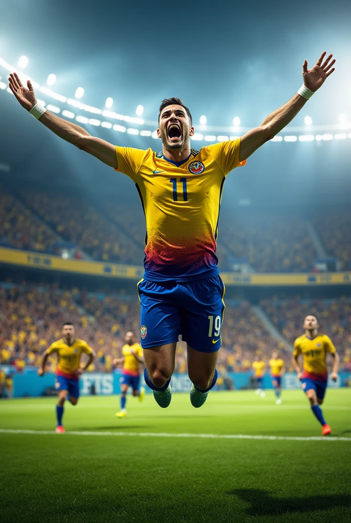 Create an image of Colombia scoring a goal against Brazil