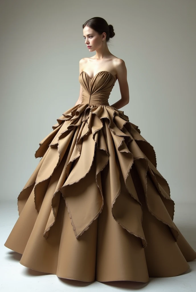 A girl wearing a ball gown, a long dress with a cut at the shoulders and a low neckline, exposed arms and long, puffy skirts, made of cardboard in different colors, such as brown and dark brownish.