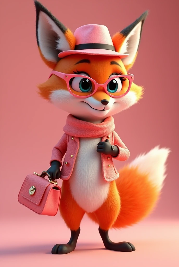Create a 3D Disney Pixar style fox named Chic Fox. She must exude a stylish personality, fun and sophisticated, perfect for a section dedicated to accessories and fashion.
colors: Vibrant shades of orange and white, with pink details and accessories to maintain cohesion with the other mascots.
Accessories:
Fashion and Style: Wear a fancy pink hat (like a fedora or a fashion cap) and maybe a pair of pink-accented sunglasses.
Accessories de Moda: May be holding or using accessories such as bags, jewelly (necklaces or bracelets) and watches, all with pink details.
stylish outfit: A stylish scarf or shawl in pink, matching a modern and fashionable look.
Expressions: Confident smile and bright eyes, with an expression that conveys style and charm.
Activities and Poses:
Modeling: Showing different accessories, like changing hats or showing off a bag.
Organizing: Holding a collection of accessories, como jewelly ou bolsas, and perhaps demonstrating how to use them.
Style Tips: Pointing to a board with tips on how to combine accessories, fashion trends and style suggestions.
Interactivity on the Website:
Hover animations: Animated movements like changing hats, adjust glasses or show different accessories.
Fashion Messages: Friendly messages with tips on accessories, fashion trends and how to complement your look with style