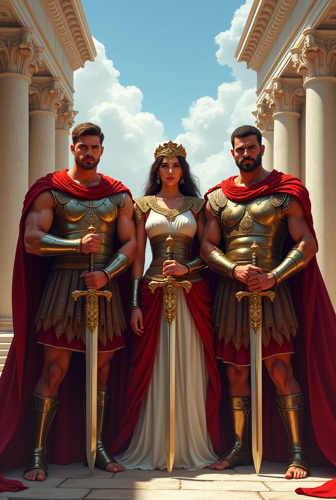 3 man next to a woman, heros of ancient rome empire with swords