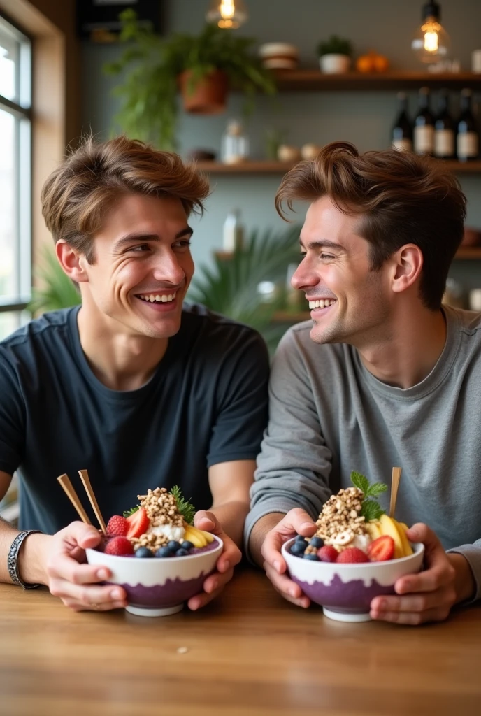 Young realistic guys, At the acai shop ,chestnut hair,eating acai , ultra HD, high qualiy, best qualityer, high resolution, 8k, 16K