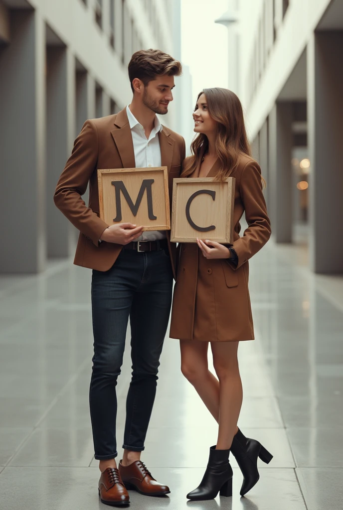 A couple with one holding a sign with the letter M, and one holding a sign with the letter C